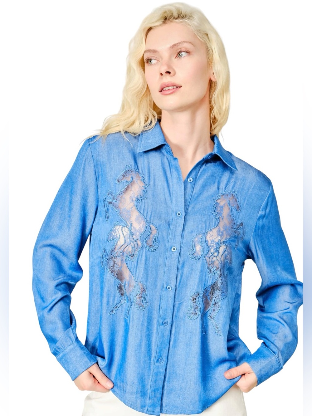 NEW blue b Embroidered Horse Cutout Sheer Lace Rodeo Equestrian ]Button Up Shirt